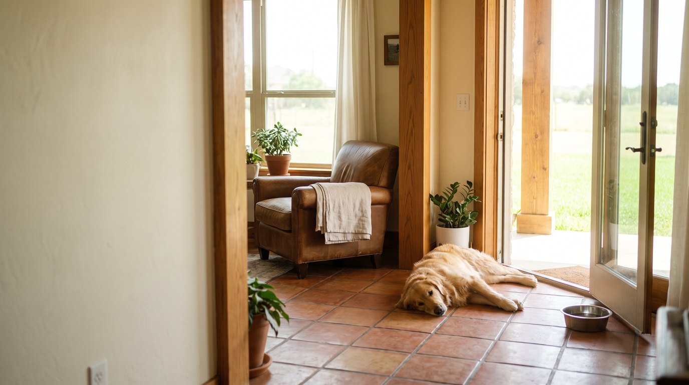A golden retriever resting on cool tile in the shade beside an open patio door, with a water bowl nearby