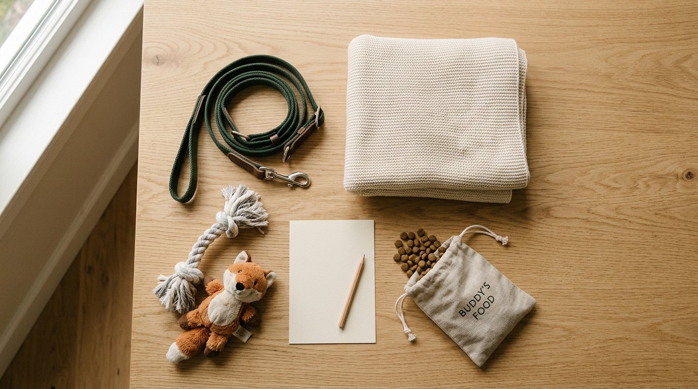A neatly arranged flatlay of a dog leash, folded cream blanket, small plush toy, notecard, and dry food bag on a warm wood surface