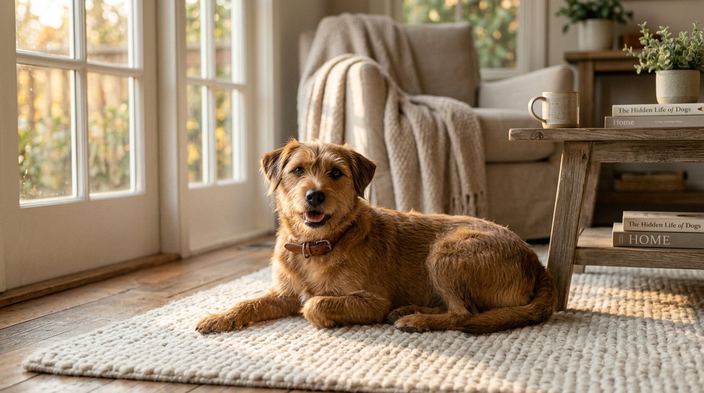 A calm brown terrier resting on a cream rug in a bright, warm home