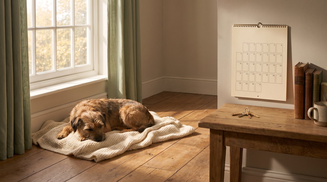 A terrier mix asleep on a knit blanket in late afternoon light, with a wall calendar and house keys on a table nearby
