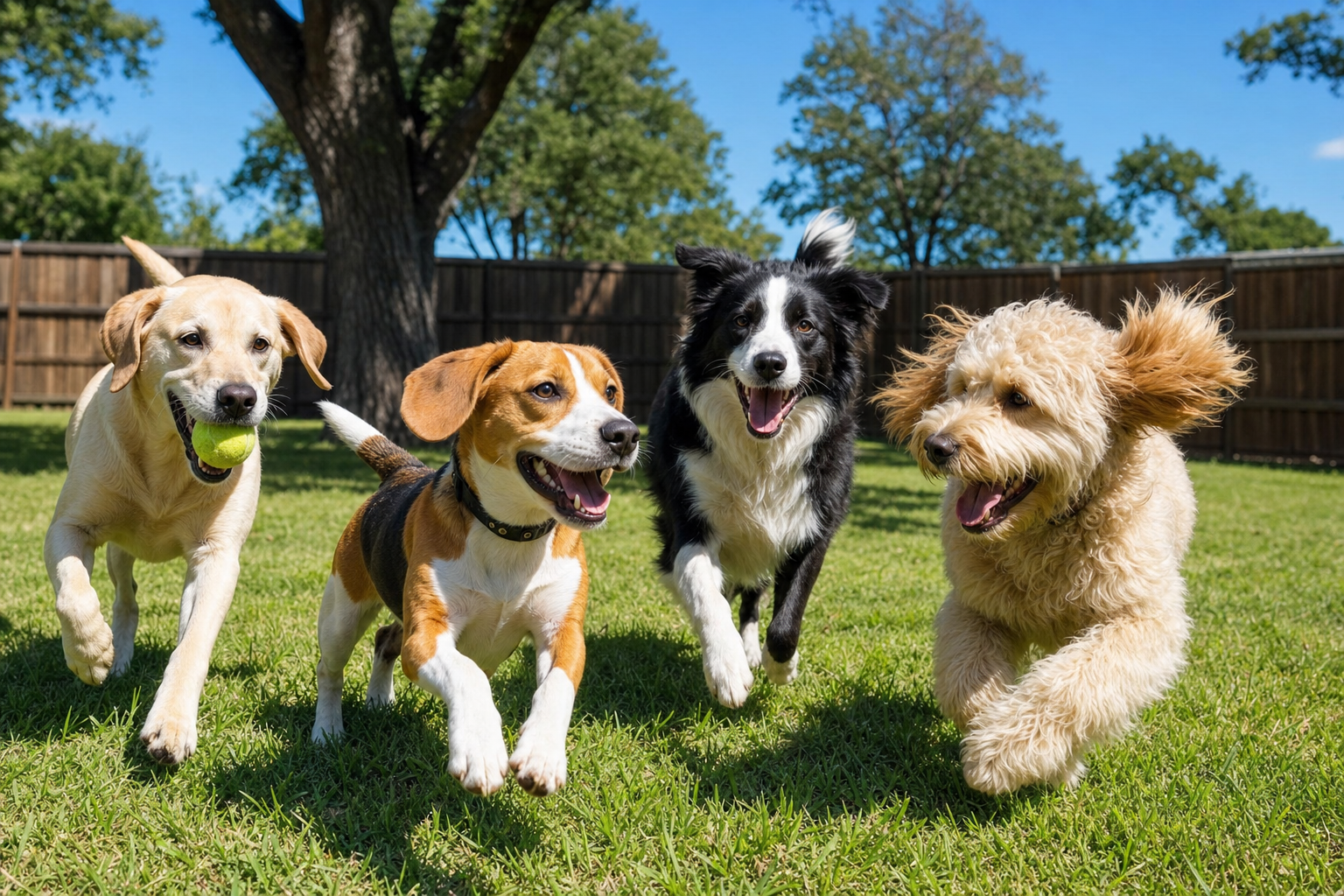 Dogs playing energetically together during day care