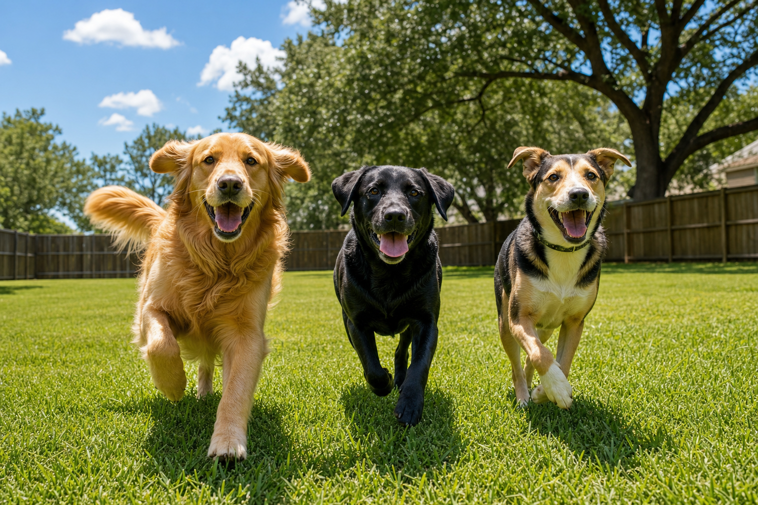 Happy dogs playing together in a large fenced Texas yard