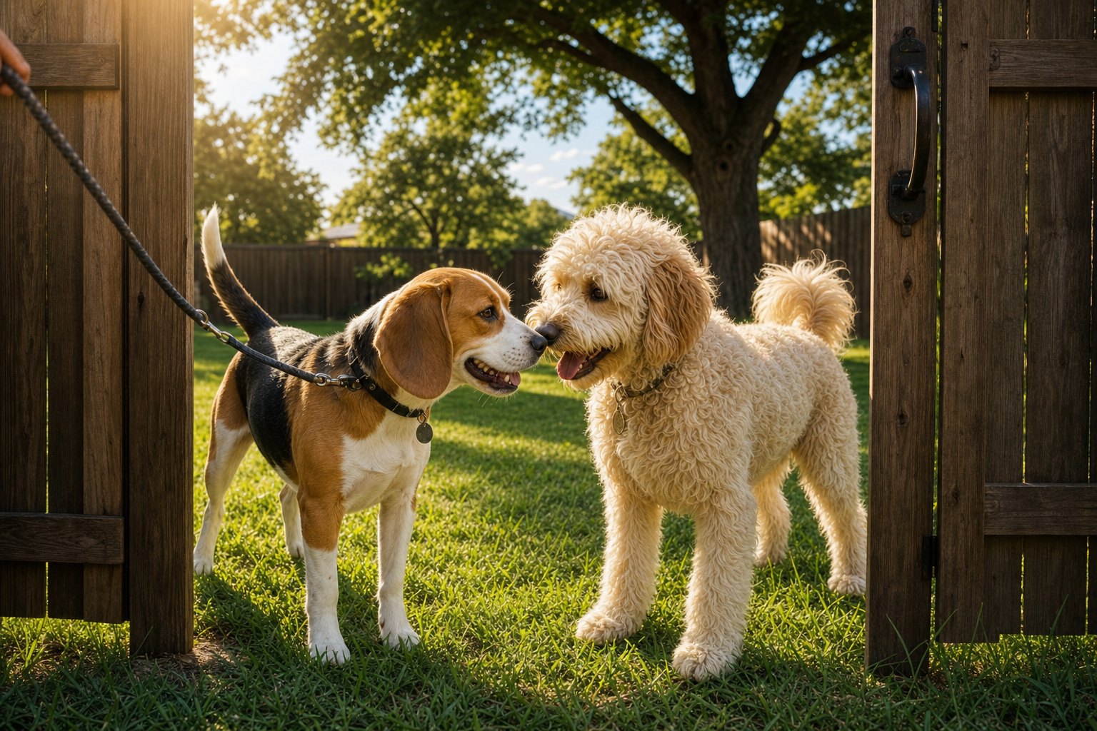 A leashed visiting dog greeting one of the resident dogs at the yard gate