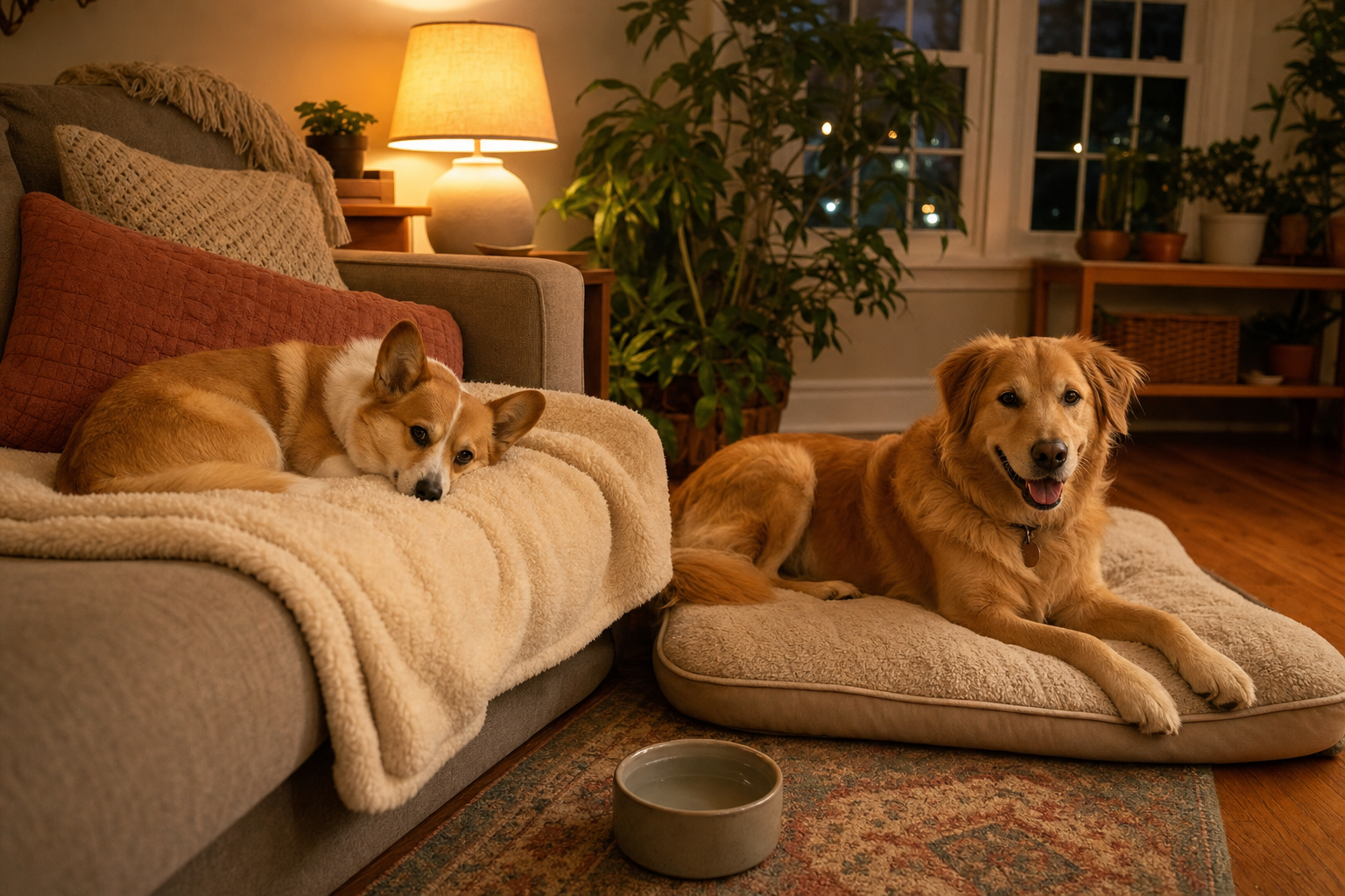 Dogs relaxing cozily inside the home in the evening